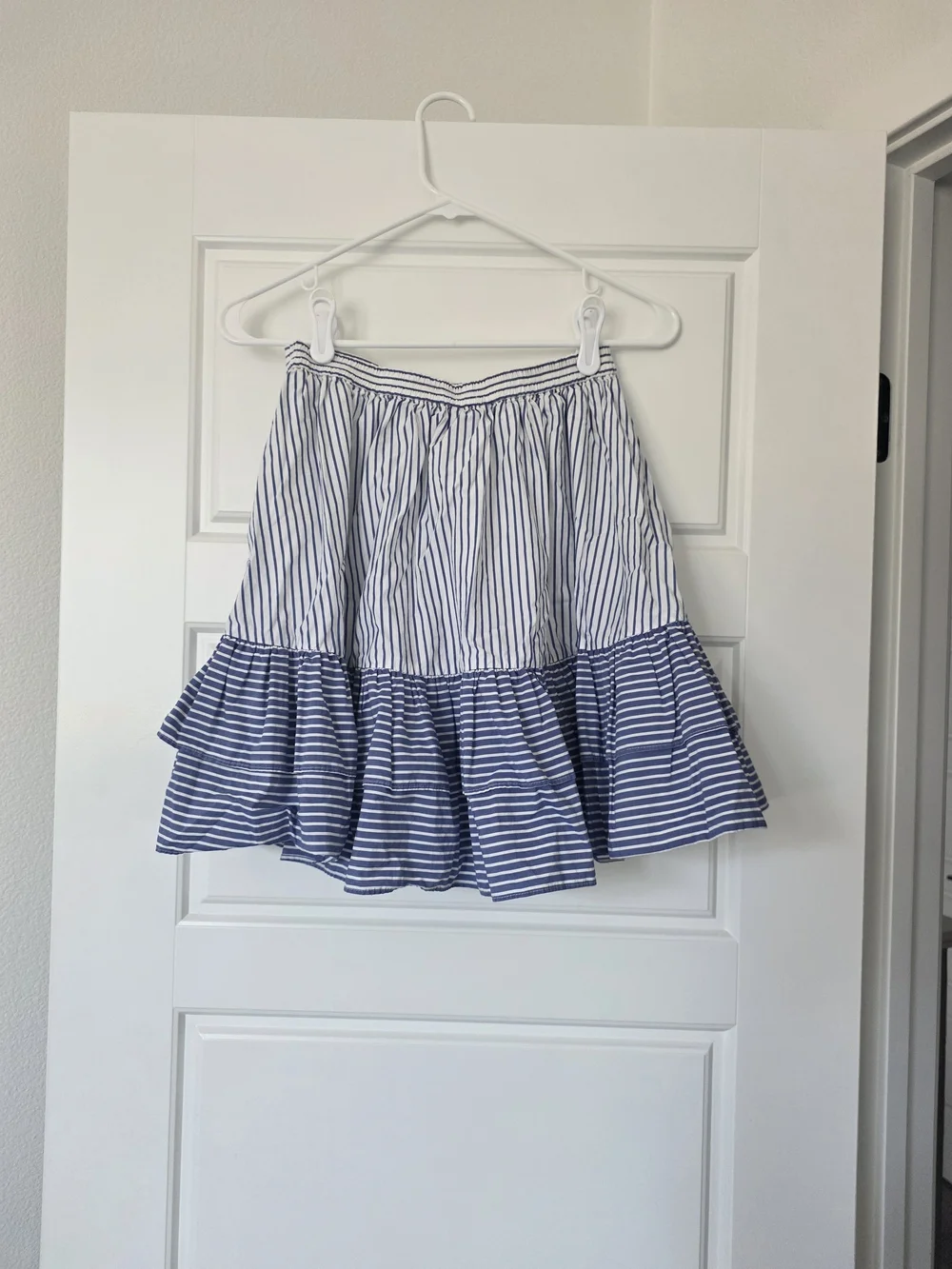 J. Crew Blue and White Striped Ruffle-Hem Skirt
